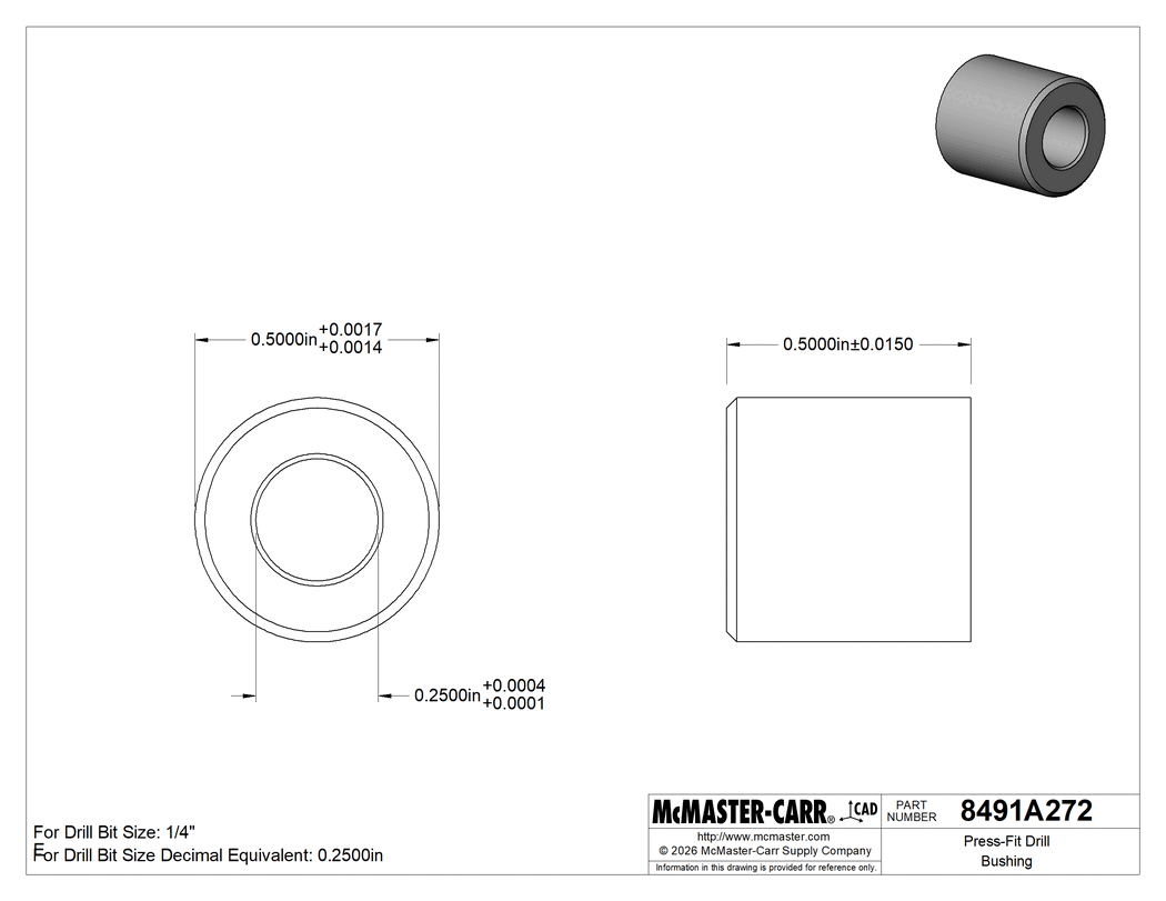Technical Drawing of Press-Fit Drill Bushing, 0.25" ID, 1/2" OD, 1/2" Long.